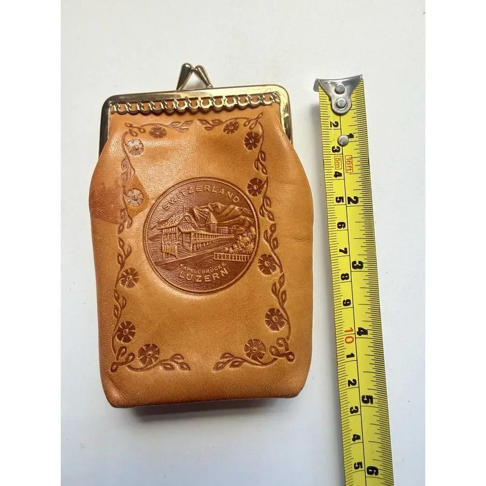 Vintage Leather Tobacco Pouch Cigarette Case Coin Purse Tooled Kiss Lock Swiss